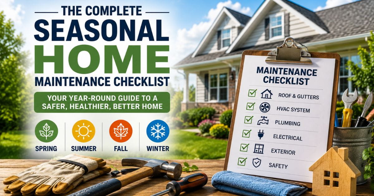 Seasonal home maintenance checklist showing spring, summer, fall, and winter maintenance tasks for homeowners
