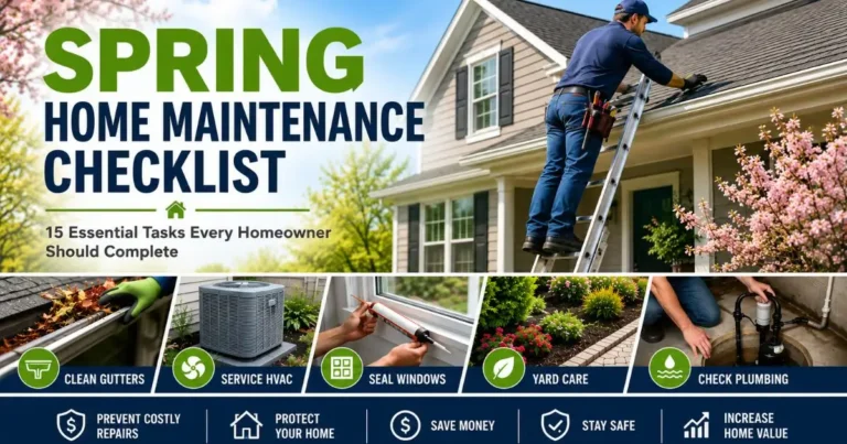 Spring Home Maintenance Checklist showing roof inspection, gutter cleaning, HVAC servicing, landscaping, and exterior home repairs.