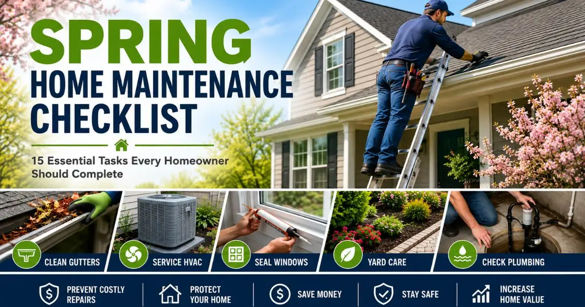 Spring Home Maintenance Checklist showing roof inspection, gutter cleaning, HVAC servicing, landscaping, and exterior home repairs.