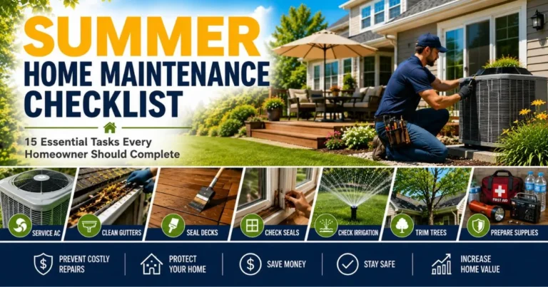 Homeowner performing summer home maintenance checklist on an outdoor AC unit
