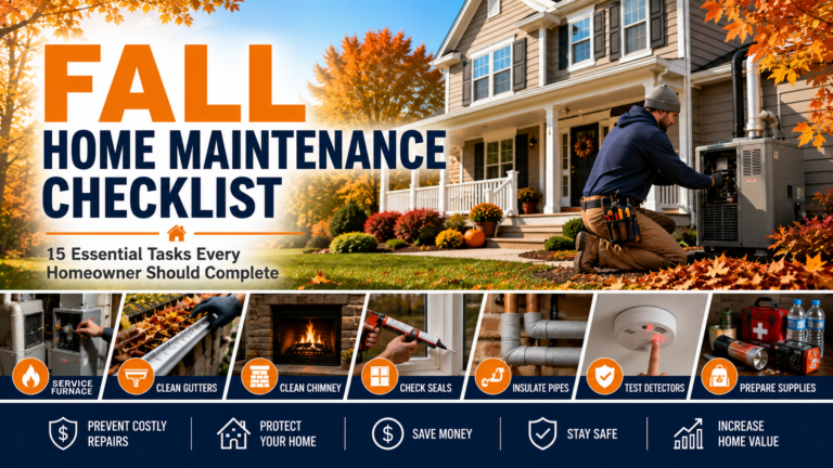 Homeowner performing fall home maintenance, cleaning gutters before winter