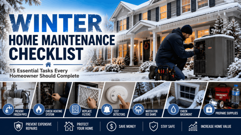 Winter home maintenance checklist showing a homeowner preparing a house for cold weather
