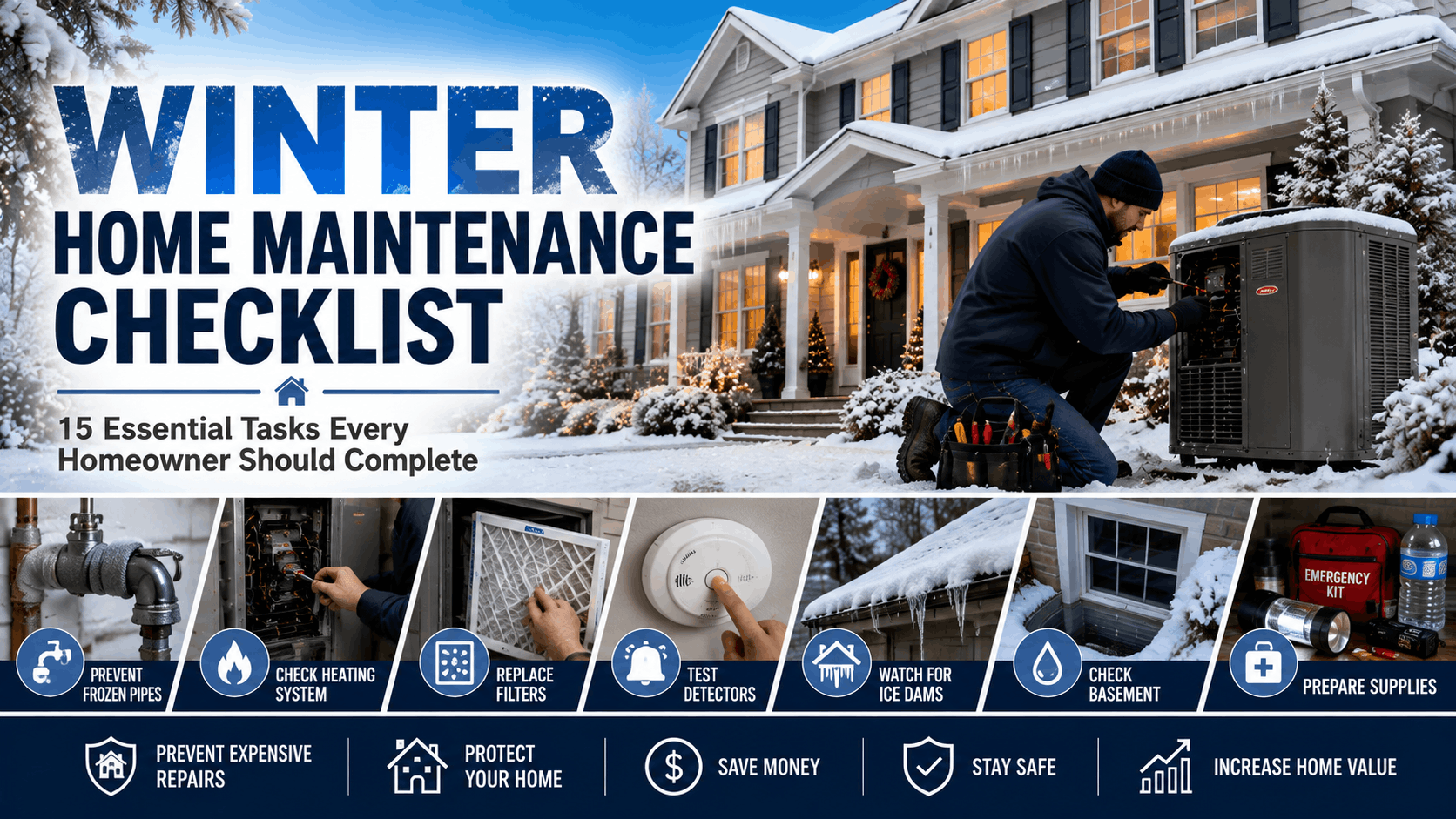 Winter home maintenance checklist showing a homeowner preparing a house for cold weather