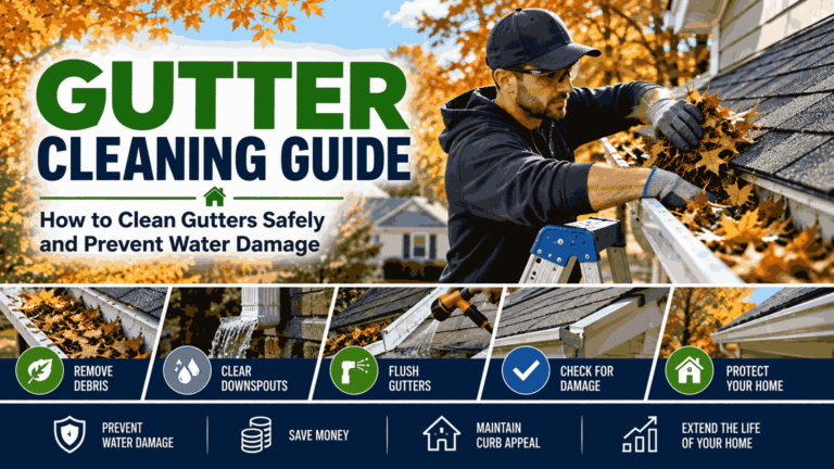 Homeowner cleaning gutters and removing leaves from a roof gutter