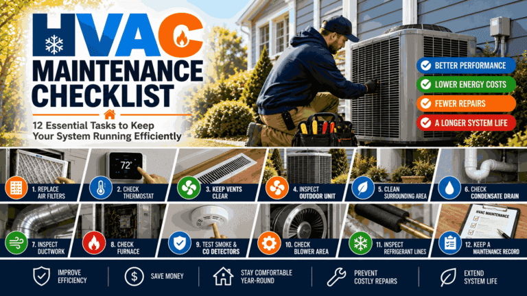 HVAC maintenance checklist showing a homeowner inspecting a residential heating and cooling system