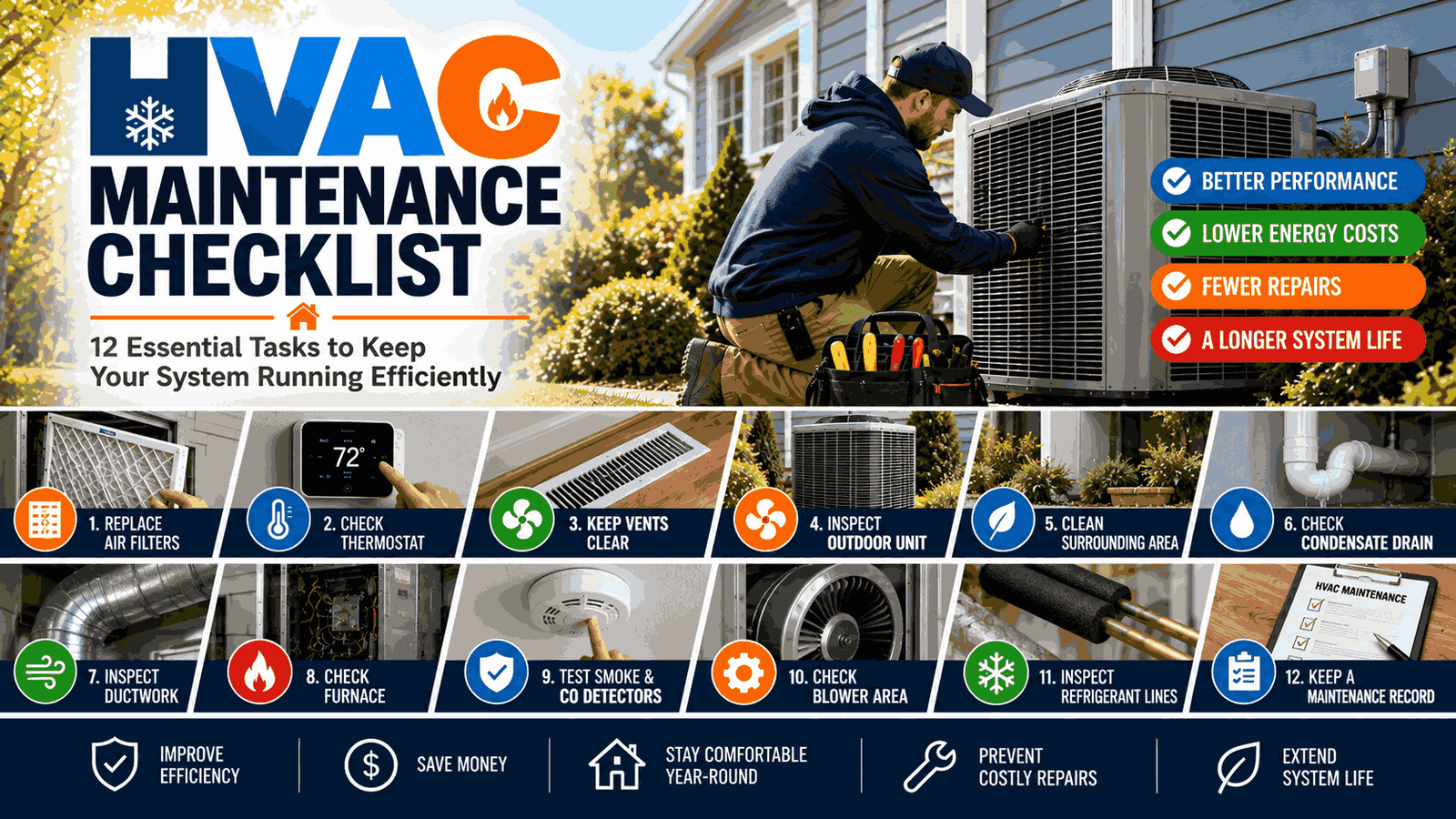 HVAC maintenance checklist showing a homeowner inspecting a residential heating and cooling system